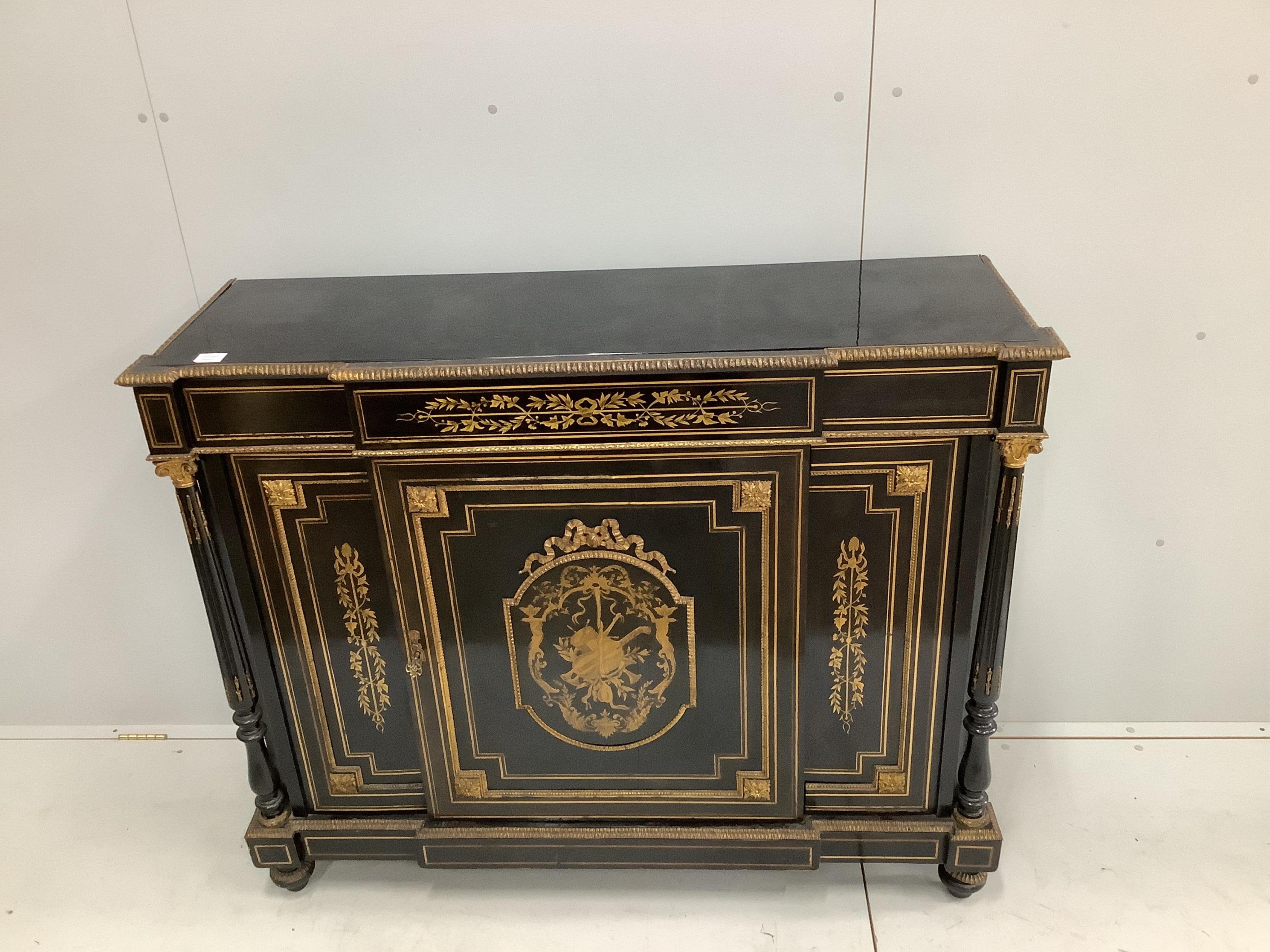 A Louis XV1 style ebonised and cut brass side cabinet, width 132cm, depth 41cm, height 108cm. Condition - good